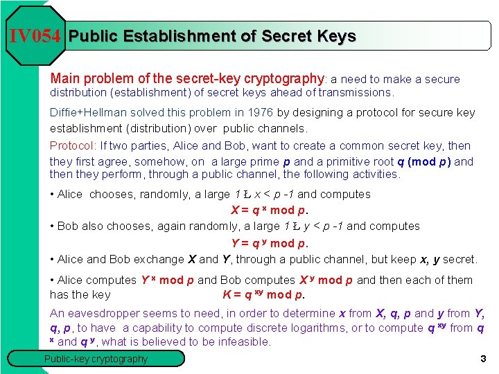 IV 054 Public Establishment of Secret Keys Main problem of the secret-key cryptography: a