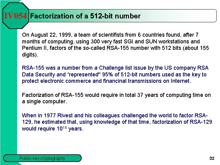 IV 054 Factorization of a 512 -bit number On August 22, 1999, a team