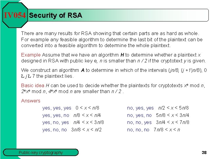 IV 054 Security of RSA There are many results for RSA showing that certain