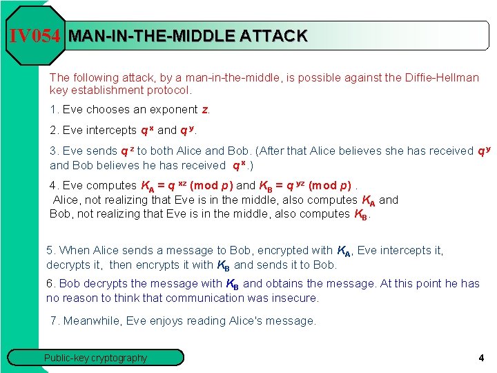 IV 054 MAN-IN-THE-MIDDLE ATTACK The following attack, by a man-in-the-middle, is possible against the