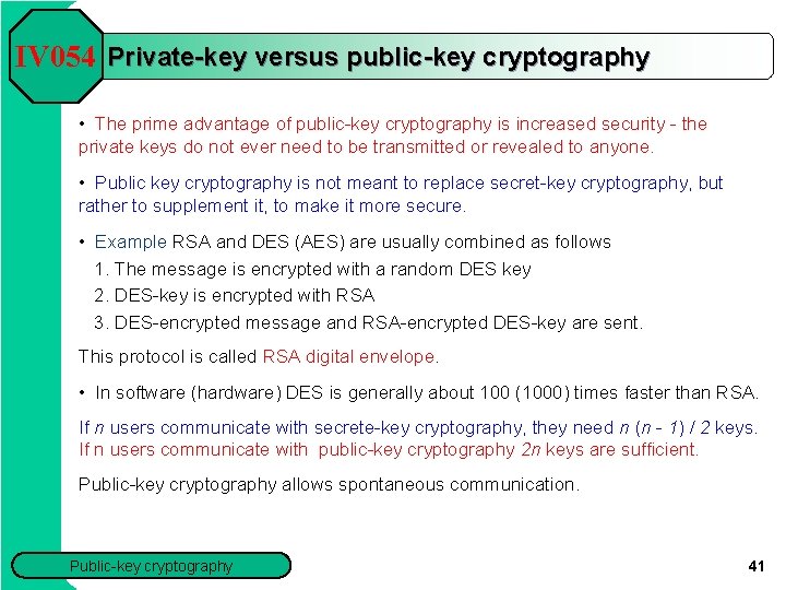 IV 054 Private-key versus public-key cryptography • The prime advantage of public-key cryptography is