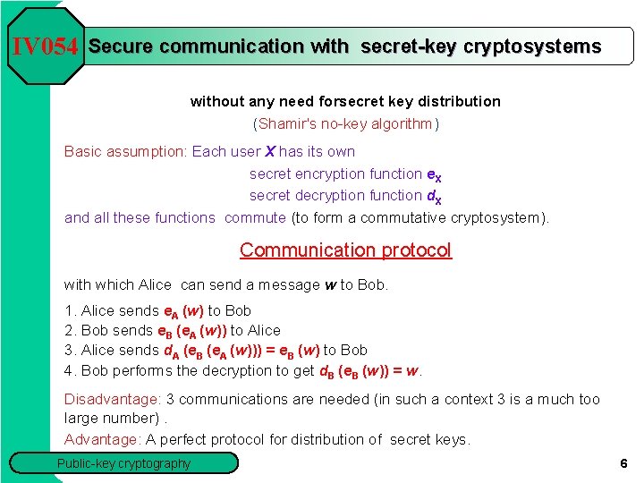 IV 054 Secure communication with secret-key cryptosystems without any need forsecret key distribution (Shamir's