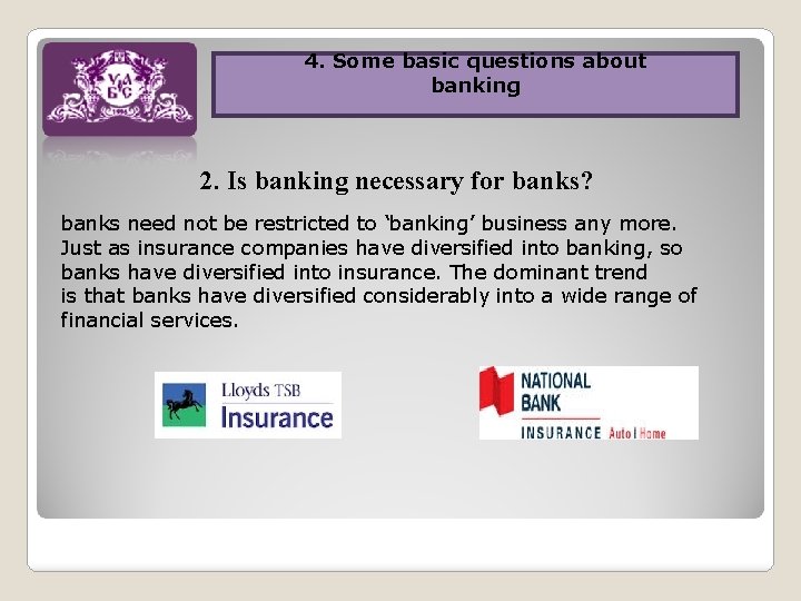 4. Some basic questions about 3. Banking activities banking in Ukraine 2. Is banking