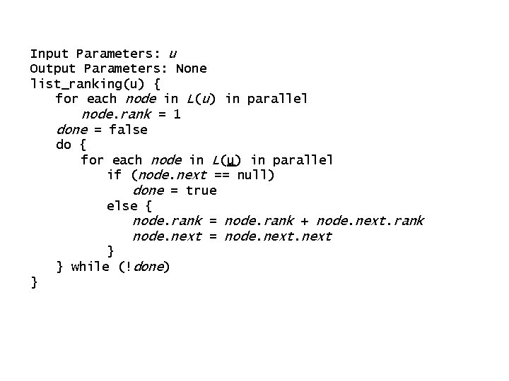 Input Parameters: u Output Parameters: None list_ranking(u) { for each node in L(u) in Input Parameters: u Output Parameters: None list_ranking(u) { for each node in L(u) in
