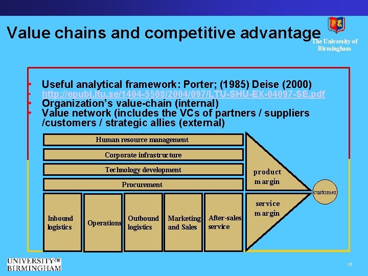 Value chains and competitive advantage The University of Birmingham • Useful analytical framework: Porter;