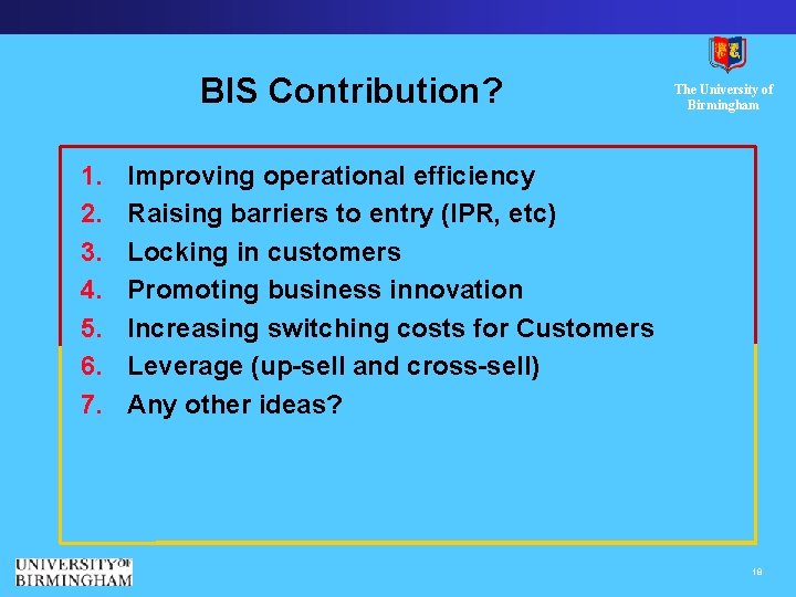 BIS Contribution? 1. 2. 3. 4. 5. 6. 7. The University of Birmingham Improving