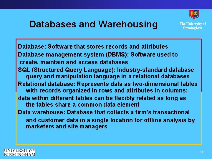 Databases and Warehousing The University of Birmingham Database: Software that stores records and attributes