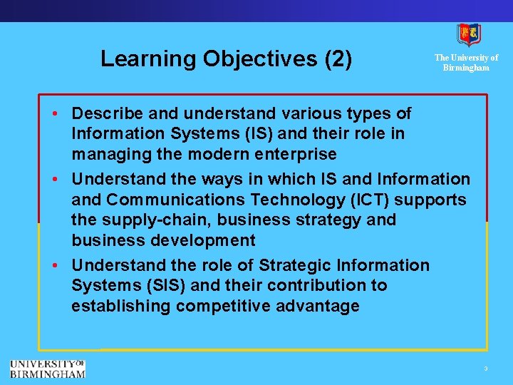 Learning Objectives (2) The University of Birmingham • Describe and understand various types of