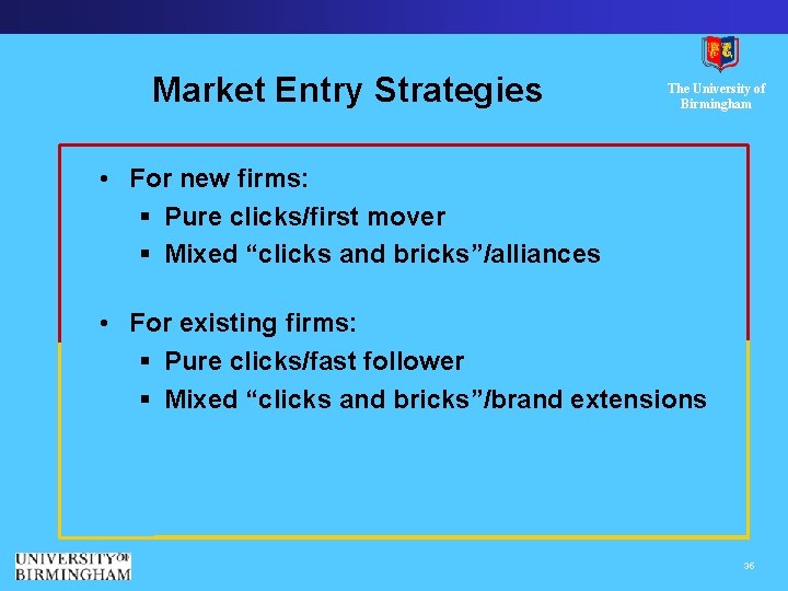 Market Entry Strategies The University of Birmingham • For new firms: § Pure clicks/first