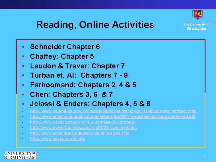 Reading, Online Activities The University of Birmingham • • Schneider Chapter 6 Chaffey: Chapter