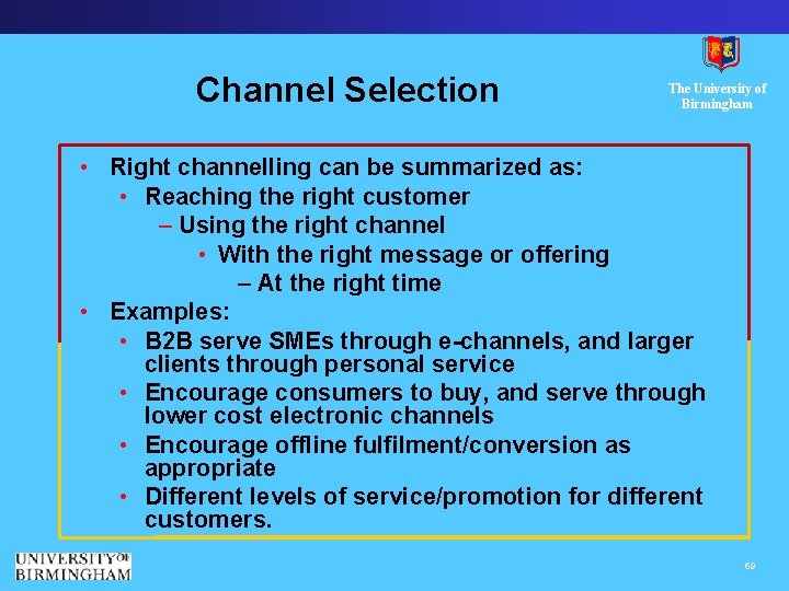 Channel Selection The University of Birmingham • Right channelling can be summarized as: •