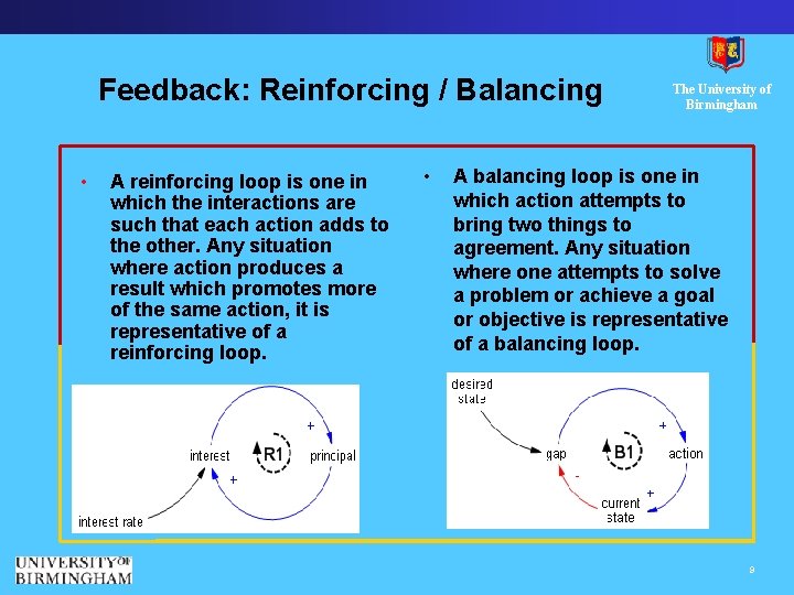 Feedback: Reinforcing / Balancing • A reinforcing loop is one in which the interactions