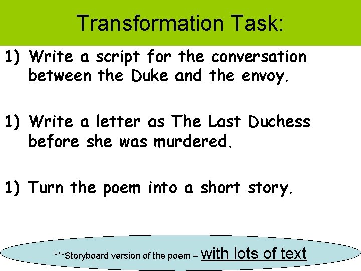 Transformation Task: 1) Write a script for the conversation between the Duke and the