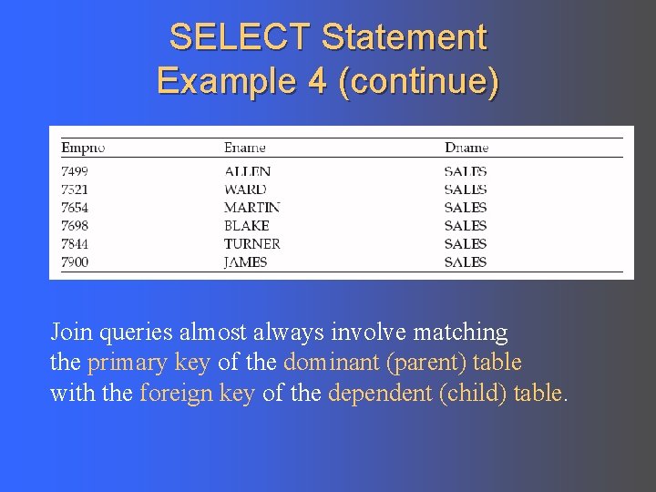 SELECT Statement Example 4 (continue) Join queries almost always involve matching the primary key