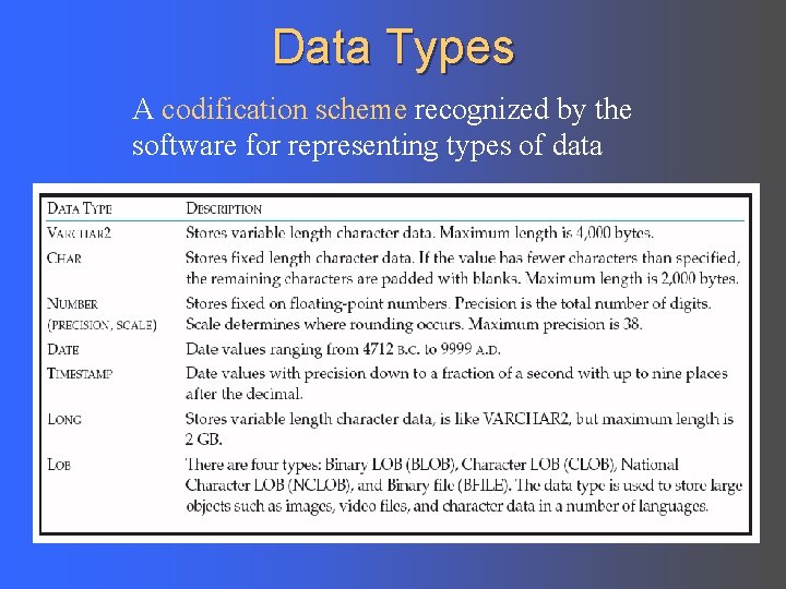 Data Types A codification scheme recognized by the software for representing types of data