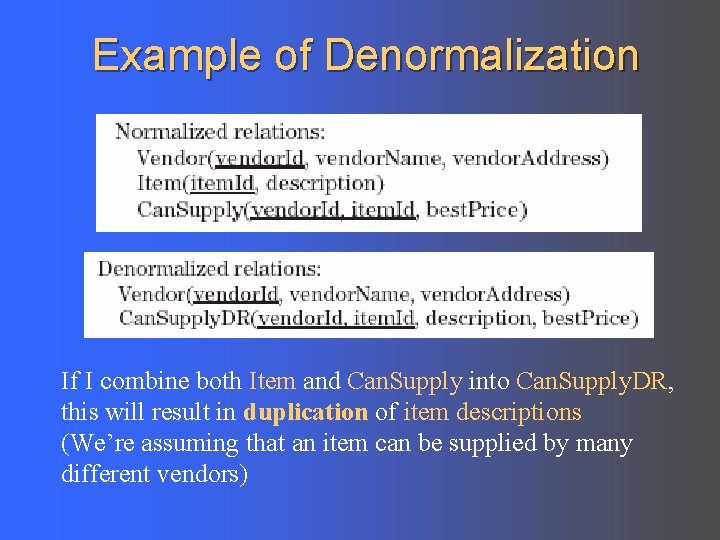 Example of Denormalization If I combine both Item and Can. Supply into Can. Supply.