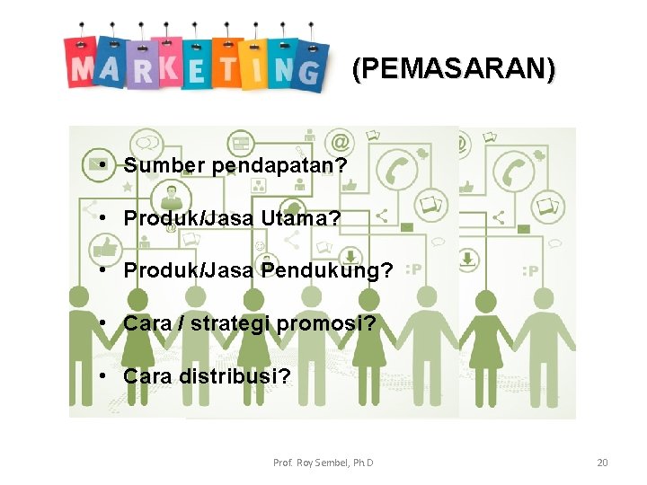 (PEMASARAN) • Sumber pendapatan? • Produk/Jasa Utama? • Produk/Jasa Pendukung? • Cara / strategi