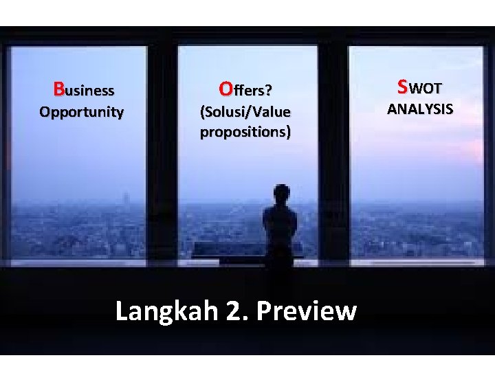 Business Opportunity Offers? (Solusi/Value propositions) Langkah 2. Preview SWOT ANALYSIS 