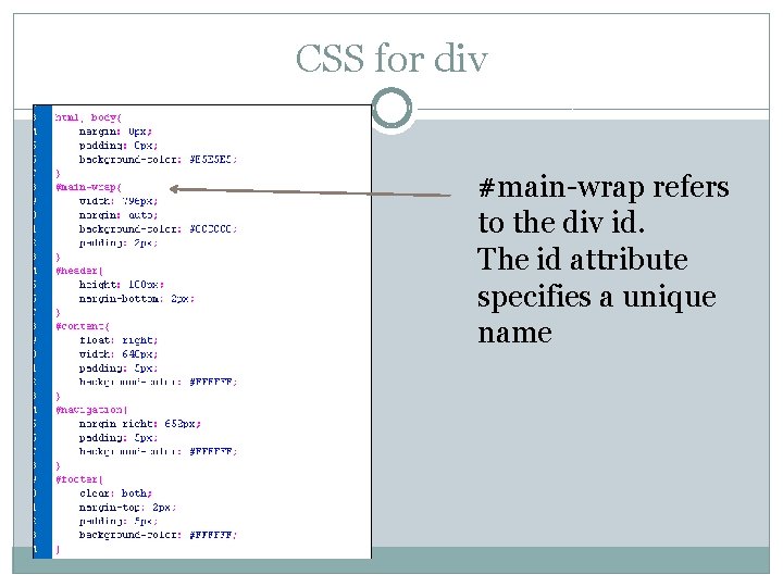 CSS for div #main-wrap refers to the div id. The id attribute specifies a