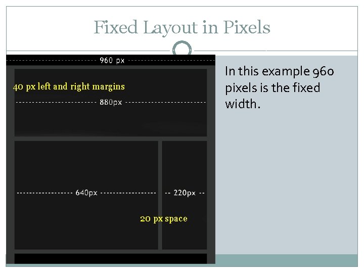 Fixed Layout in Pixels In this example 960 pixels is the fixed width. 40