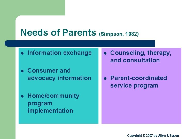 Needs of Parents (Simpson, 1982) l Information exchange l Counseling, therapy, and consultation l
