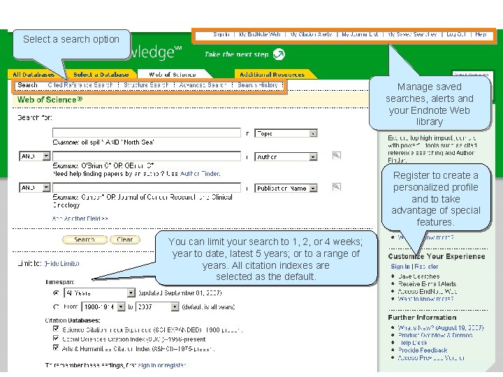 Web of Knowledge Home Page Select a search option Manage saved searches, alerts and