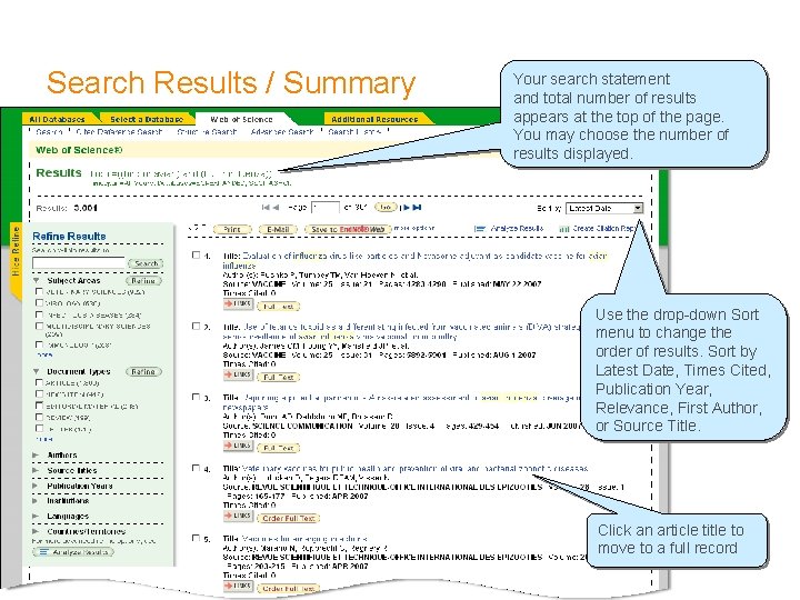 Search Results / Summary Your search statement and total number of results appears at