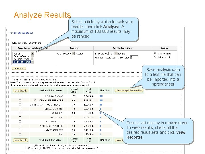 Analyze Results Select a field by which to rank your results, then click Analyze.