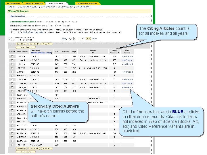 Cited Reference Look-up table The Citing Articles count is for all indexes and all