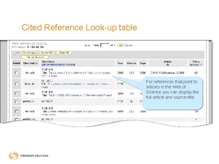 Cited Reference Look-up table For references that point to articles in the Web of