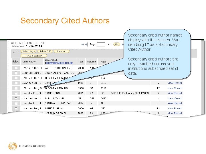 Secondary Cited Authors Secondary cited author names display with the ellipses. Van den burg