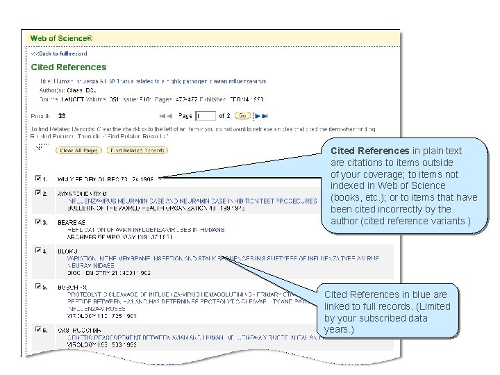 Cited References in plain text are citations to items outside of your coverage; to