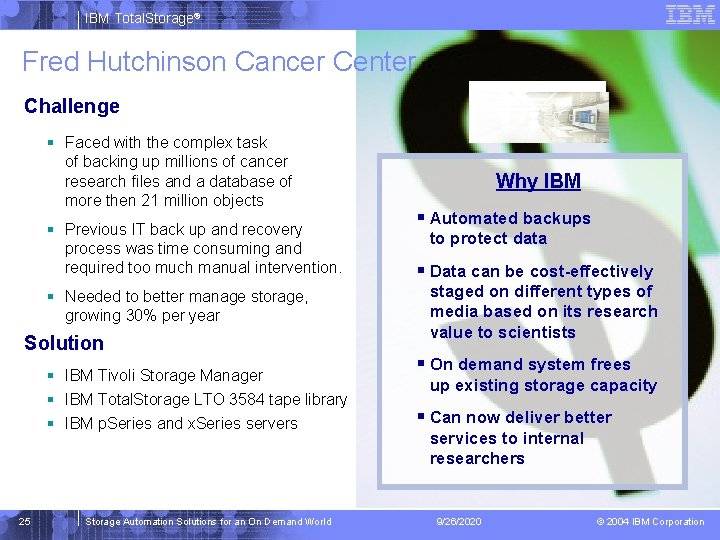 IBM Total. Storage® Fred Hutchinson Cancer Center Challenge § Faced with the complex task