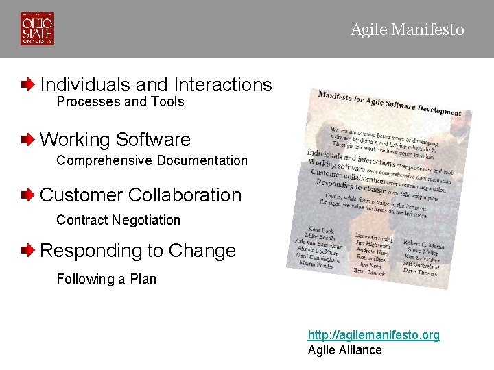 Agile Manifesto Individuals and Interactions Processes and Tools Working Software Comprehensive Documentation Customer Collaboration