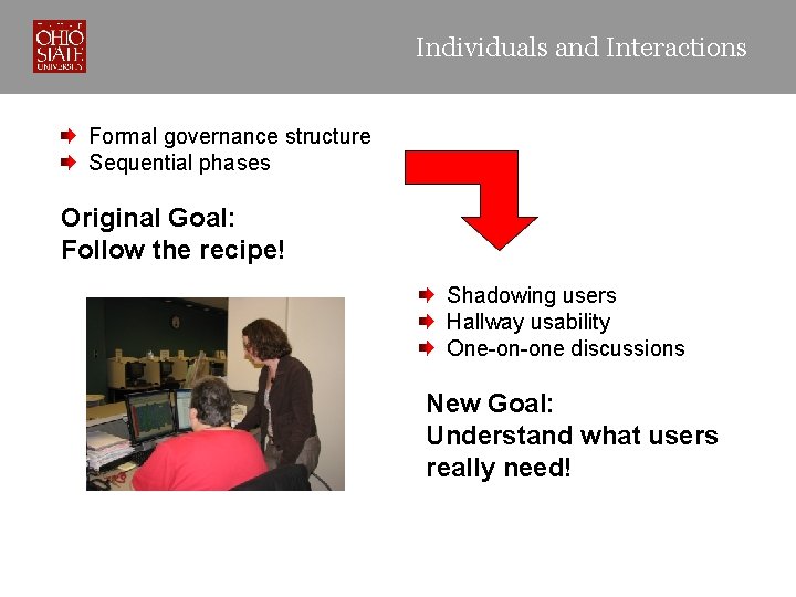 Individuals and Interactions Formal governance structure Sequential phases Original Goal: Follow the recipe! Shadowing