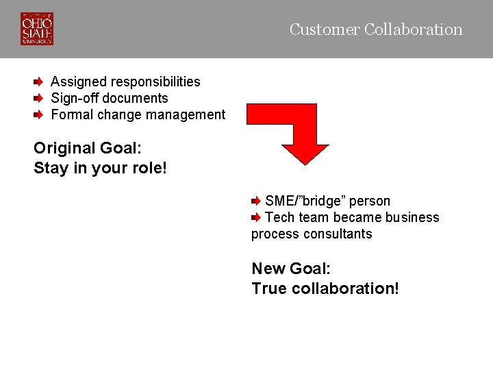 Customer Collaboration Assigned responsibilities Sign-off documents Formal change management Original Goal: Stay in your