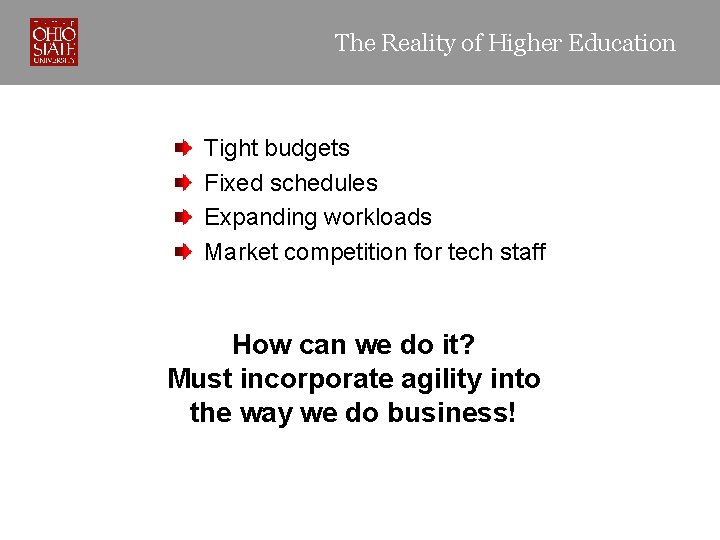 The Reality of Higher Education Tight budgets Fixed schedules Expanding workloads Market competition for