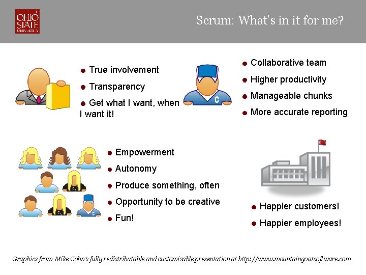 Scrum: What’s in it for me? True involvement Transparency Get what I want, when
