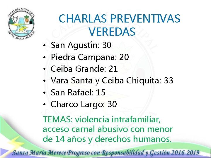 CHARLAS PREVENTIVAS VEREDAS • • • San Agustín: 30 Piedra Campana: 20 Ceiba Grande: