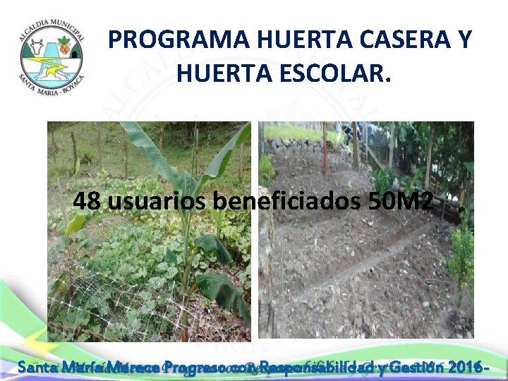  PROGRAMA HUERTA CASERA Y HUERTA ESCOLAR. 48 usuarios beneficiados 50 M 2 Santa