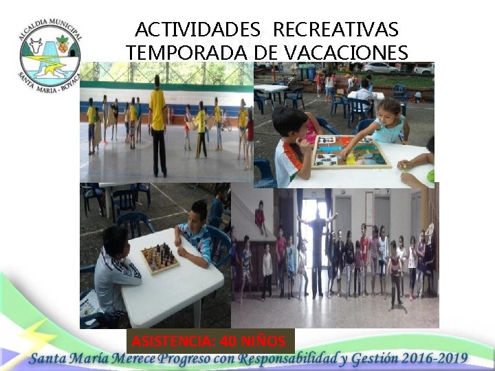 ACTIVIDADES RECREATIVAS TEMPORADA DE VACACIONES ASISTENCIA: 40 NIÑOS 