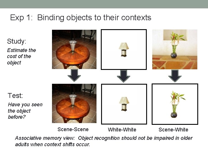 Exp 1: Binding objects to their contexts Study: Estimate the cost of the object