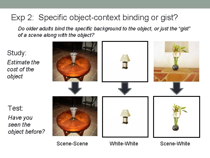 Exp 2: Specific object-context binding or gist? Do older adults bind the specific background