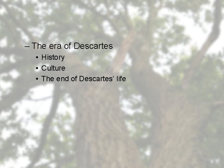 – The era of Descartes • History • Culture • The end of Descartes’