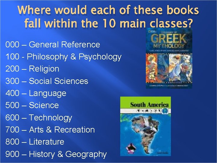 Where would each of these books fall within the 10 main classes? 000 – Where would each of these books fall within the 10 main classes? 000 –