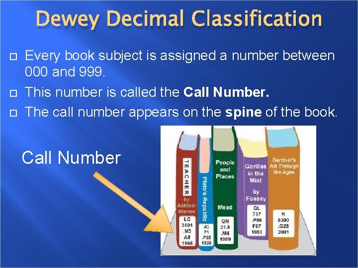 Dewey Decimal Classification Every book subject is assigned a number between 000 and 999.