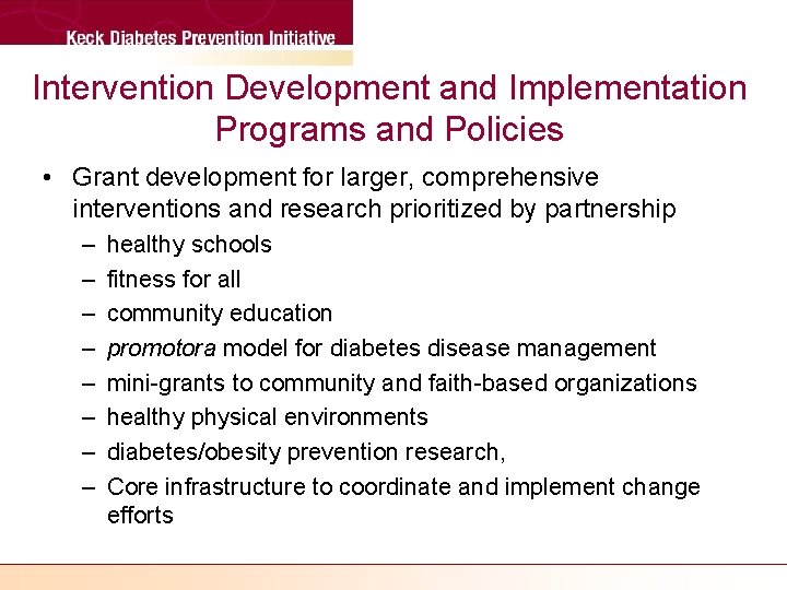 Intervention Development and Implementation Programs and Policies • Grant development for larger, comprehensive interventions