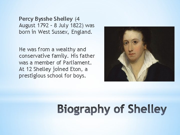 Percy Bysshe Shelley (4 August 1792 – 8 July 1822) was born in West