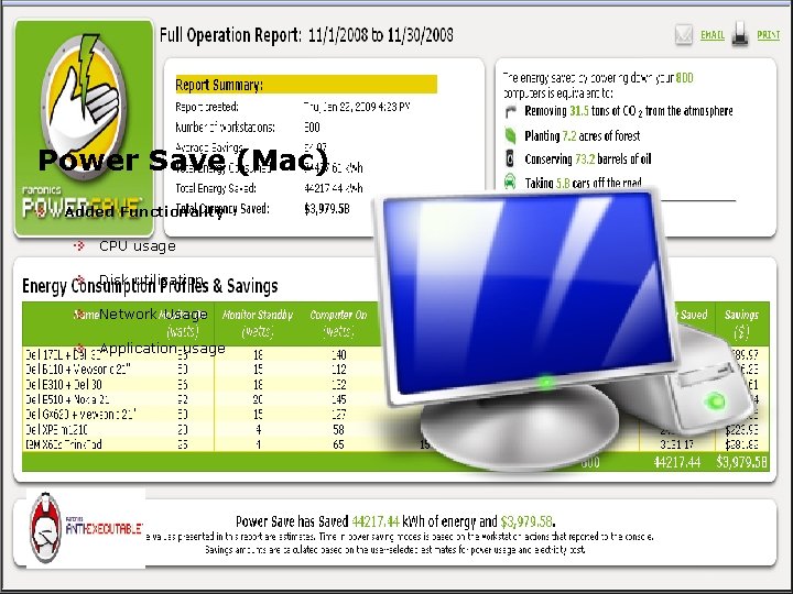 Power Save (Mac) Added Functionality CPU usage Disk utilization Network Usage Application usage 