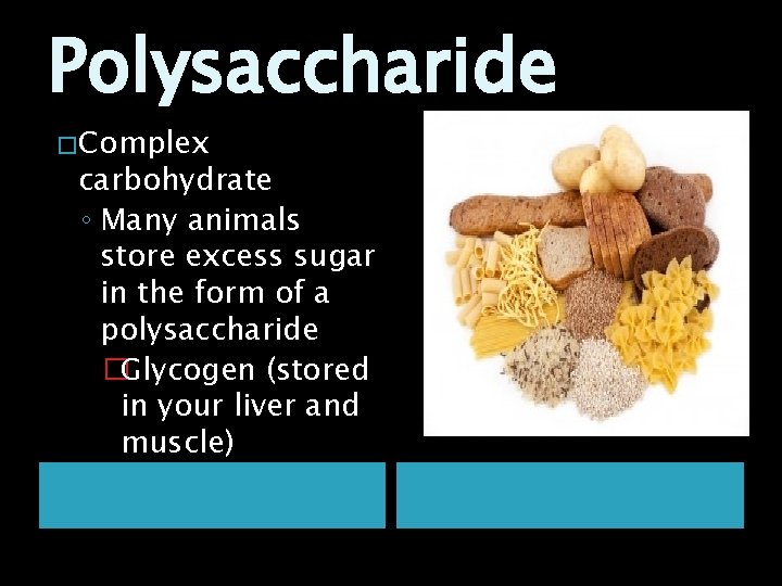 Polysaccharide � Complex carbohydrate ◦ Many animals store excess sugar in the form of